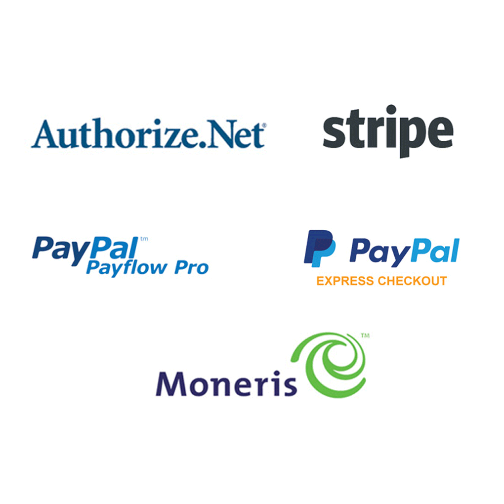 Authorize.net, Stripe, Cybersource, FirstData, PayPal Payflow Pro, CardConnect, goEmerchant, BeanStream, DirectPay, PayPal Express, GoCoin